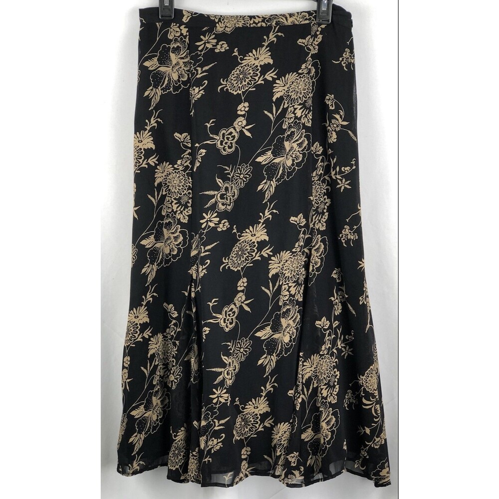 JM Flowy Rayon Midi Flare skirt 10P Blk Floral 39"W Career Whimsigoth Grunge